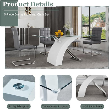 5-Piece Glass Dining Table Set, 63" White Kitchen Table with X-Shape MDF Base, Dining Room Set for 4 with 4 Leather Upholstered Chair for Kitchen, Dining Room (Gray,Silver)