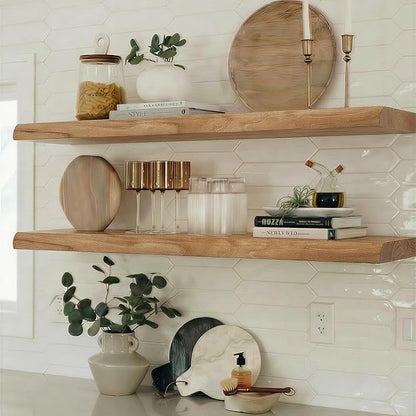 PERFNIQUE 36 Inch Floating Shelves Set of 2, Solid Elm Wood Rustic Live Edge Wall Decor Shelves - Invisible Bracket Mount for Living Room, Kitchen, Bathroom, Natural.