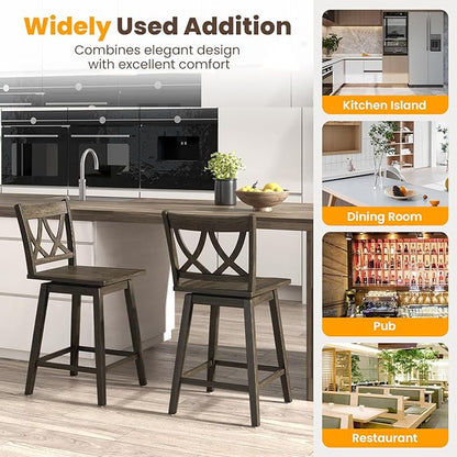 Giantex 24" Bar Stools Set of 2, Swivel Wooden Bar Chairs with Rubber Wood Frame, Footrest & Ergonomic Backrest, Counter Height Barstools for Kitchen Island, Restaurant & Pub, Dark Grey