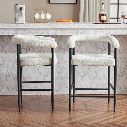 Upholstered Bar Stools Set of 2, Fabric Counter Height Chairs with Metal Frame Armrests, Kitchen Island Bar Chairs for Home, Dining Room, Cafe,White