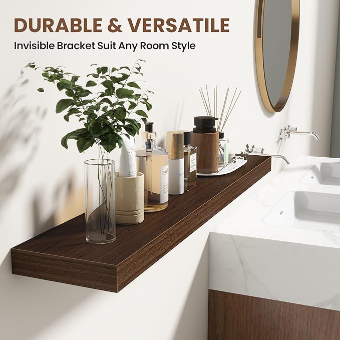 Acovy 16 Inch Floating Shelves for Wall 2 Pack, 16" Wall Shelves for Books, Storage, Decor, Wall Mounted Floating Shelf with Invisible Brackets for Kitchen, Living Room, Walnut