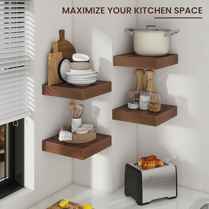 Venusmiles Square Floating Shelves for Wall, 12" W x 12" D x 2" H, 2 Pack, Small Wall Mounted Engineered Wood Shelves with Invisible Brackets for Living Room, Bedroom, Bathroom, Kitchen Decor, Walnut