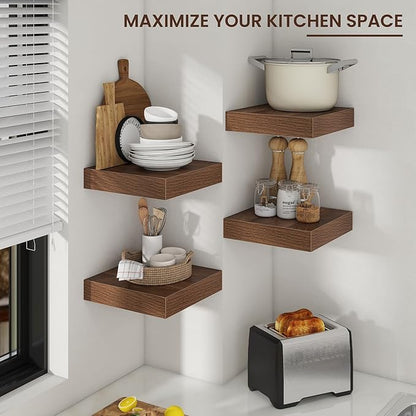 Venusmiles Square Floating Shelves for Wall, 12" W x 12" D x 2" H, 2 Pack, Small Wall Mounted Engineered Wood Shelves with Invisible Brackets for Living Room, Bedroom, Bathroom, Kitchen Decor, Walnut