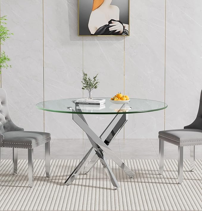 Henf 47.24" Glass Round Dining Table for 4-6 People, Silver Metal Legs,Round Glass Dining Room Table for Small Space, Easy Assembly Circular Side Desk
