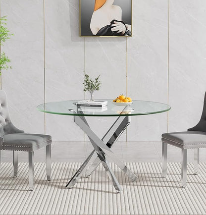 Henf 47.24" Glass Round Dining Table for 4-6 People, Silver Metal Legs,Round Glass Dining Room Table for Small Space, Easy Assembly Circular Side Desk