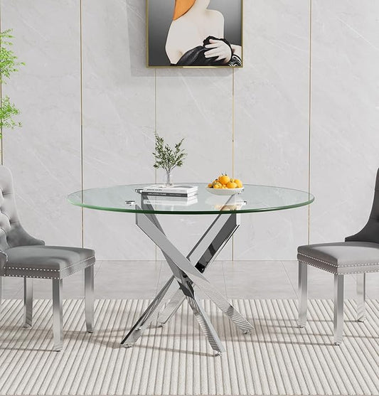 Henf 47.24" Glass Round Dining Table for 4-6 People, Silver Metal Legs,Round Glass Dining Room Table for Small Space, Easy Assembly Circular Side Desk