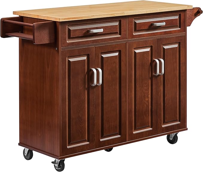 GOWE 54'' Portable Kitchen Island Cart on Wheels Wood Storage Cabinet with 2 Drawers, Spice Rack & Towel Rack, Walnut 53.78''W x 18.11''D x 35.47''H.
