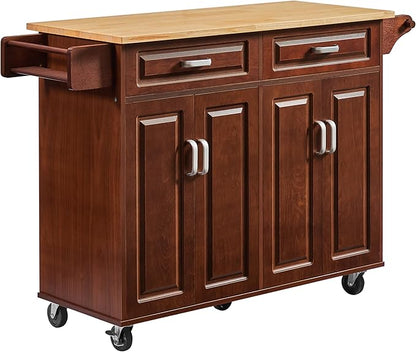 GOWE 54'' Portable Kitchen Island Cart on Wheels Wood Storage Cabinet with 2 Drawers, Spice Rack & Towel Rack, Walnut 53.78''W x 18.11''D x 35.47''H.