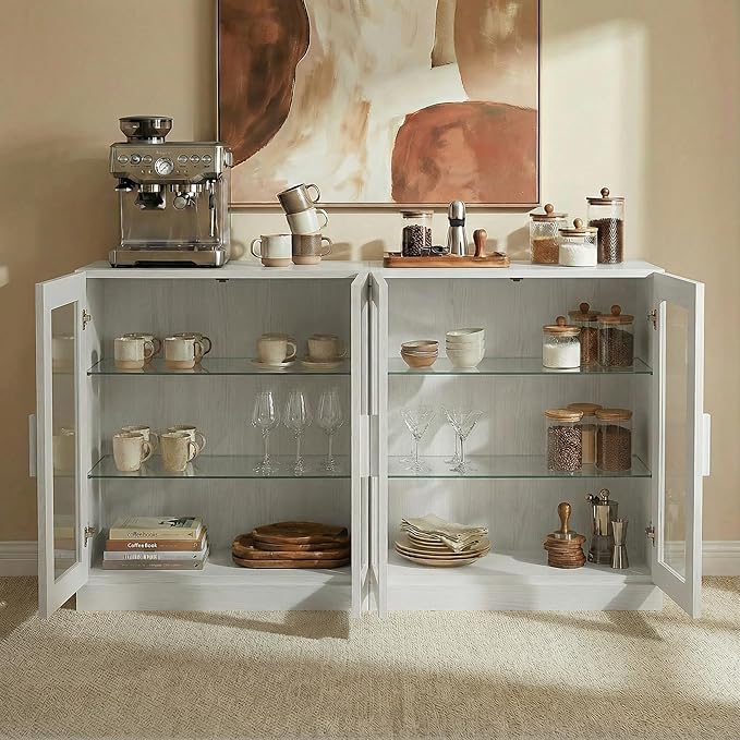 Casaphoria Adam Sideboard Buffet Cabinet with Storage, Display Cabinet with Glass Doors & Adjustable Shelves, 62" W x 31" H Buffet Cabinet for Entryway Kitchen Living Room, White