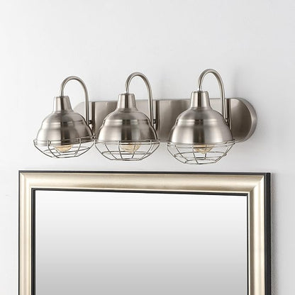 JONATHAN Y 24.5" Nickel 3-Light Industrial Farmhouse Vanity Light for Bathroom Mirror, Rustic Metal Wall Sconce Fixture, Iron Caged Shade, LED Bulbs Included (JYL1120B)