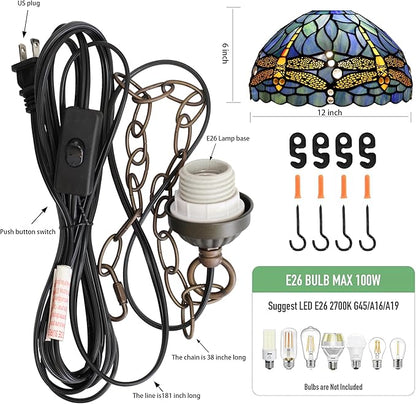 Tiffany Pendant Light Plug-in Stained Glass Hanging Lamp 12”x12”x181” Blue Dragonfly Swag Light Vintage Lamp Decorative Lighting for Dining Room Living Room Kitchen Hallway Bedroom