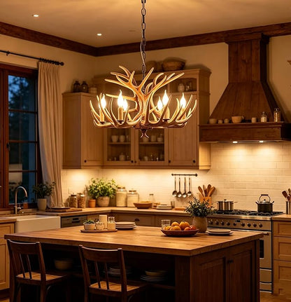 Antler Chandelier 6 Light, Rustic Style Antler Light Fixtures, E12 Base Deer Antler Chandelier Lighting for Home Store Bar (6 lamp arms + 3arm)