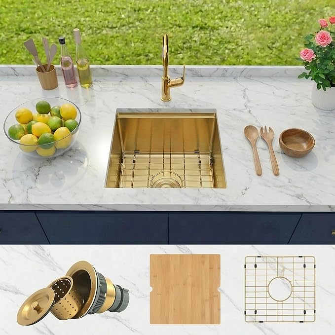 Kitsitchen Gold Bar Sink Undermount,18 Inch Small Bar & Prep Sinks,16 Gauge Stainless Steel Bar Sink with Workstation for Wet Bar Area(18" X 18" X 10")