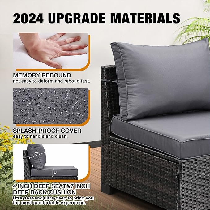 JOYURE 6 Pieces Patio Furniture Set All-Weather Outdoor Wicker Sectional Conversation Sofa Rattan Patio Seating Sofa with Cushion and Glass Table for Porch Poolside,Grey