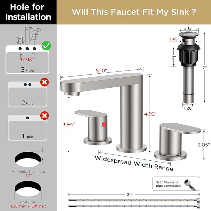 QFN Brushed Nickel Bathroom Faucets 3 Hole, 8 inch Widespread Bathroom Faucet with Pop Up Drain and 24" cUPC Supply Hoses, Lead-Free Two Handles Suitable for 6-12 Inch RV, Restroom, Vanity Sink