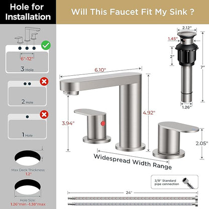 QFN Brushed Nickel Bathroom Faucets 3 Hole, 8 inch Widespread Bathroom Faucet with Pop Up Drain and 24" cUPC Supply Hoses, Lead-Free Two Handles Suitable for 6-12 Inch RV, Restroom, Vanity Sink