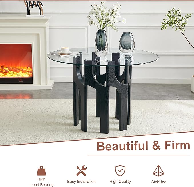 Glass Round Dining Table for 4 6 Person, 46 Inch Glass Kitchen Dining Room Table with Wooden Black Pedestal Base,Modern Circle Clear Glass Top Dinner Table for Small Spaces Home/Apartment