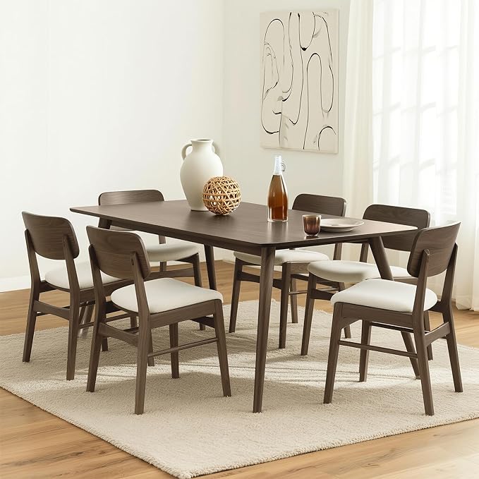 KISLOT Wooden Dining Chairs Set of 4, Upholstered Modern Dining Room Chairs, Mid Century Oak Kitchen Chairs with Ergonomic Wood Backrest for Farmhouse, Restaurant, Café (Cream Fabric & Walnut Color)