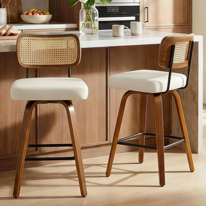 Swivel Bar Stools Set of 2, 26" Upholstered Counter Height Bar Stools with Rattan Back and Bent Walnut Wood Legs, Faux Leather Modern Barstools for Kitchen Island,Rattan Beige