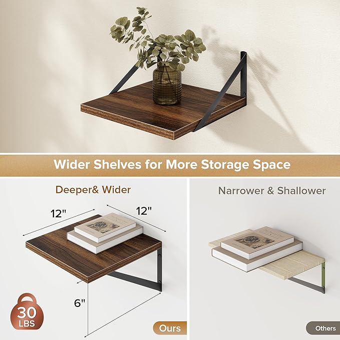 Acovy Deep Floating Shelves Wall Mounted, 12"x12" Walnut Wall Shelves with Brackets Set of 2 for Bedroom, Living Room, Bathroom, Kitchen, Office - Storage & Display Shelf for Decor, Books, Plants
