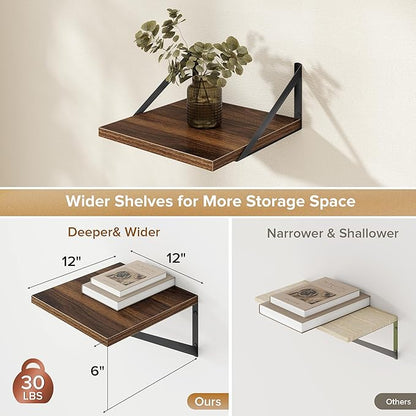 Acovy Deep Floating Shelves Wall Mounted, 12"x12" Walnut Wall Shelves with Brackets Set of 2 for Bedroom, Living Room, Bathroom, Kitchen, Office - Storage & Display Shelf for Decor, Books, Plants