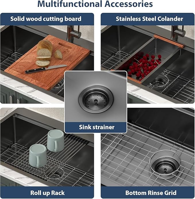 Lordear 36 Inch Black Drop In Kitchen Sink - 36x22x10 Inch Drop in Top Mount Sink 16 Gauge Stainless Steel Single Bowl Ledge Worktation Kitchen Sinks Handmade Deep Basin With Cutting Board