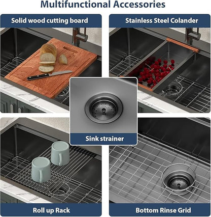 Lordear 36 Inch Black Drop In Kitchen Sink - 36x22x10 Inch Drop in Top Mount Sink 16 Gauge Stainless Steel Single Bowl Ledge Worktation Kitchen Sinks Handmade Deep Basin With Cutting Board