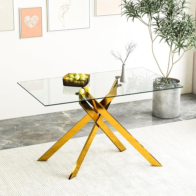 Henf 51.18'' Glass Dining Table for 4-6 People, Rectangular Kitchen Table with Gold Metal Legs, Tempered Glass Top Dining Room Table for 4