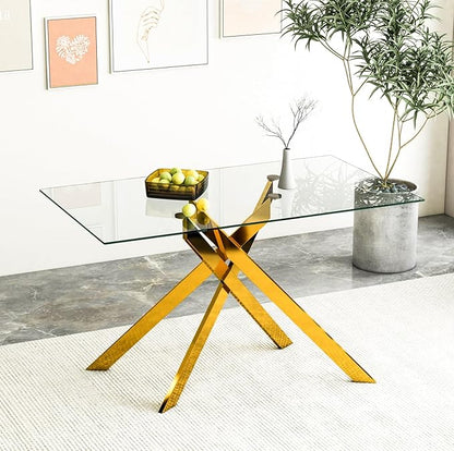 Henf 51.18'' Glass Dining Table for 4-6 People, Rectangular Kitchen Table with Gold Metal Legs, Tempered Glass Top Dining Room Table for 4