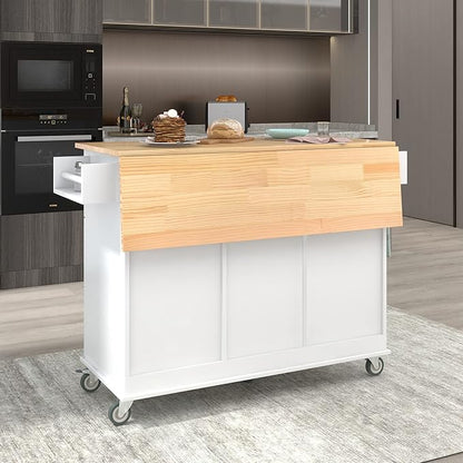 GOWE Rolling Mobile Kitchen Island with Solid Wood Top and Locking Wheels,52.7 Inch Width,Storage Cabinet and Drop Leaf Breakfast Bar,Spice Rack, Towel Rack & Drawer (White)