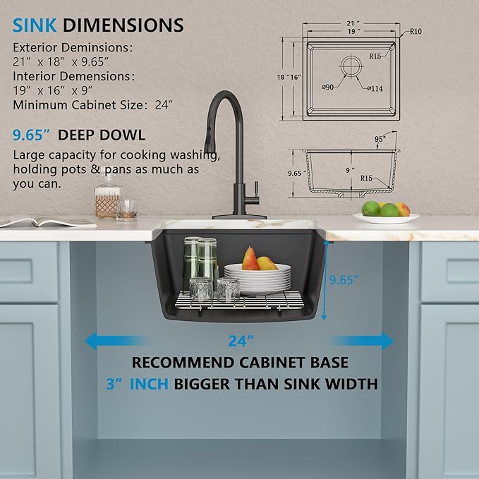 21"x18" Undermount Wet Bar Sink Workstation - Matte Black Granite Composite Quartz Classic Single Bowl Under Counter Small Kitchen Bar Prep RV Sink Basin