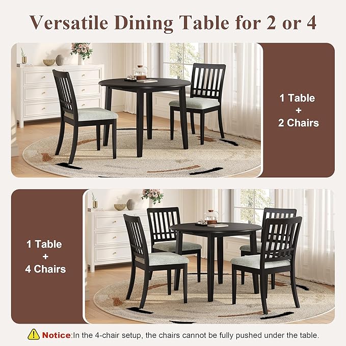 Merax 5-Piece Drop Leaf Round Dining Table Set for 4, Farmhouse Kitchen Table Set with Extendable Round Table and 4 Upholstered Chairs. Wood Table and Chairs Set for Dining Room, Living Room, Black