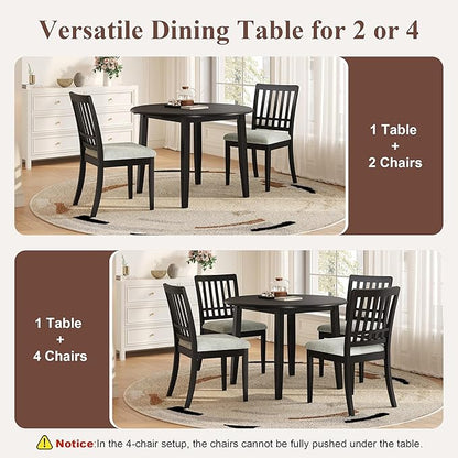Merax 5-Piece Drop Leaf Round Dining Table Set for 4, Farmhouse Kitchen Table Set with Extendable Round Table and 4 Upholstered Chairs. Wood Table and Chairs Set for Dining Room, Living Room, Black