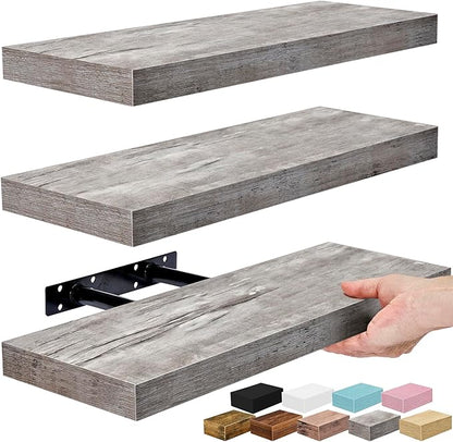 Sorbus Floating Shelves for Wall – 16 Inch Floating Shelf for Kitchen, Bedroom, Living Room, Bathroom, Home & Wall Decor - Mounted Bathroom Shelves with Invisible Brackets (Grey, 3 Pack)
