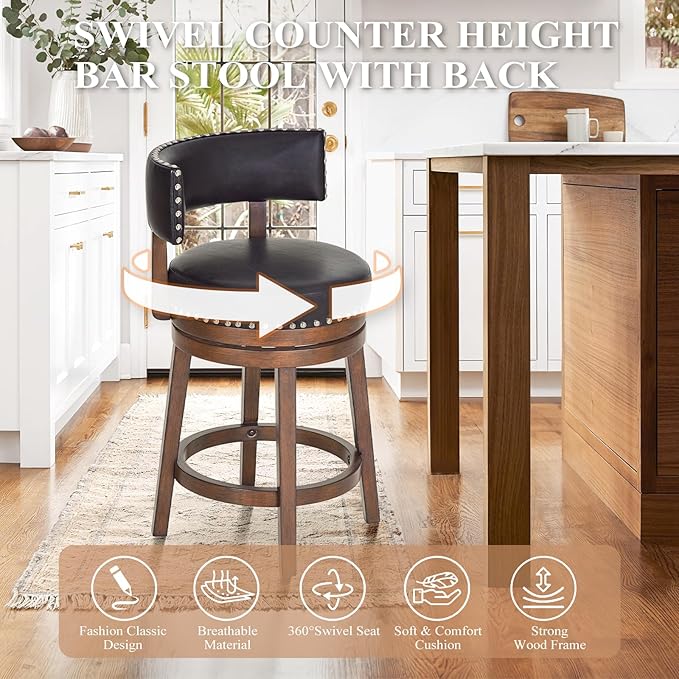 COLAMY Swivel Bar Stools Set of 3, Swivel Counter Height Barstools, 25 Inch Upholstered Barstools for Kitchen Island Dining Room Bar, Dark Brown