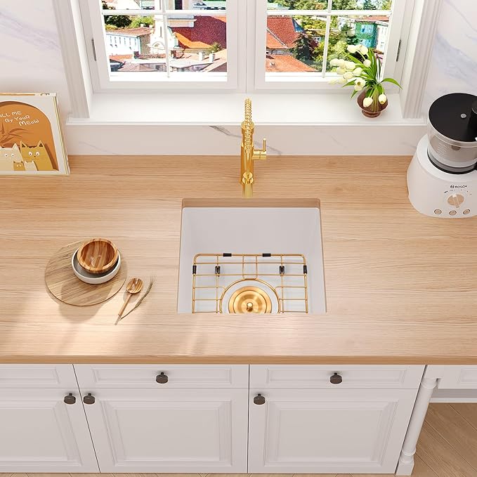 Rhbamoa 15 Inch White Bar Sink,Undermount Small Wet Bar Sinks 15''x15''x9'',9 Inch Depth White Single Bowl Quartz Kitchen Sinks with Accessories