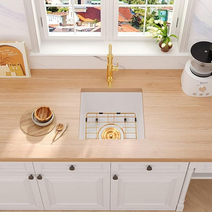 Rhbamoa 15 Inch White Bar Sink,Undermount Small Wet Bar Sinks 15''x15''x9'',9 Inch Depth White Single Bowl Quartz Kitchen Sinks with Accessories