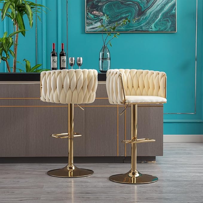 Rhomtree 24-32 Inch Swivel Bar Stools, Adjustable Counter Height Barstools with Nailheads Trim, Velvet Woven Tufted Back and Golden Footrest, Upholstered Bar Chairs Bar Kitchen Island(Ivory Set of 2)