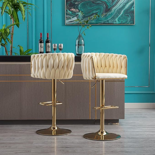 Rhomtree 24-32 Inch Swivel Bar Stools, Adjustable Counter Height Barstools with Nailheads Trim, Velvet Woven Tufted Back and Golden Footrest, Upholstered Bar Chairs Bar Kitchen Island(Ivory Set of 4)