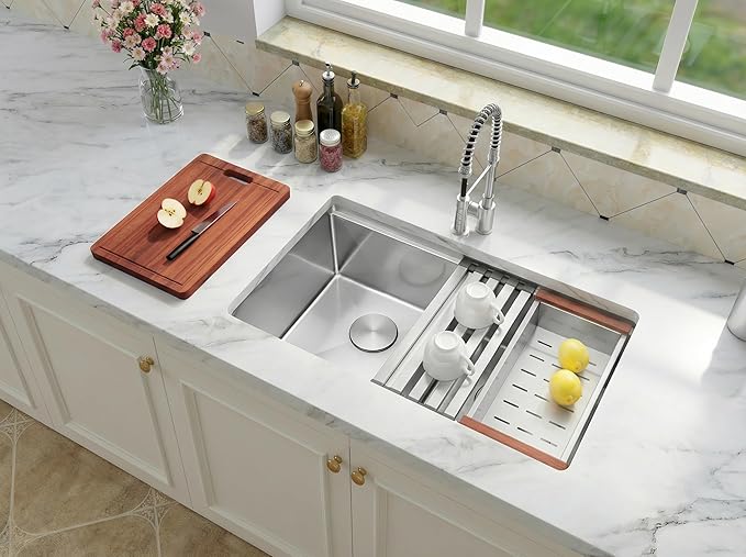 Undermount Double Kitchen Sink, 16 Gauge SUS304 Stainless Steel Kitchen Sinks,50/50 Features All In One Workstation Sinks with Accessories, 32"x 18" x 10" Large and Deep Double Kitchen Sink