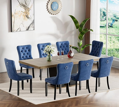 Goujxcy 78.7" Extendable Dining Room Table Set for 8, 9-Piece Farmhouse Kitchen Dining Room Table Set with Wood Base and 8 Black Velvet Tufted Chairs, Extending Kitchen & Dining Table Set of 8