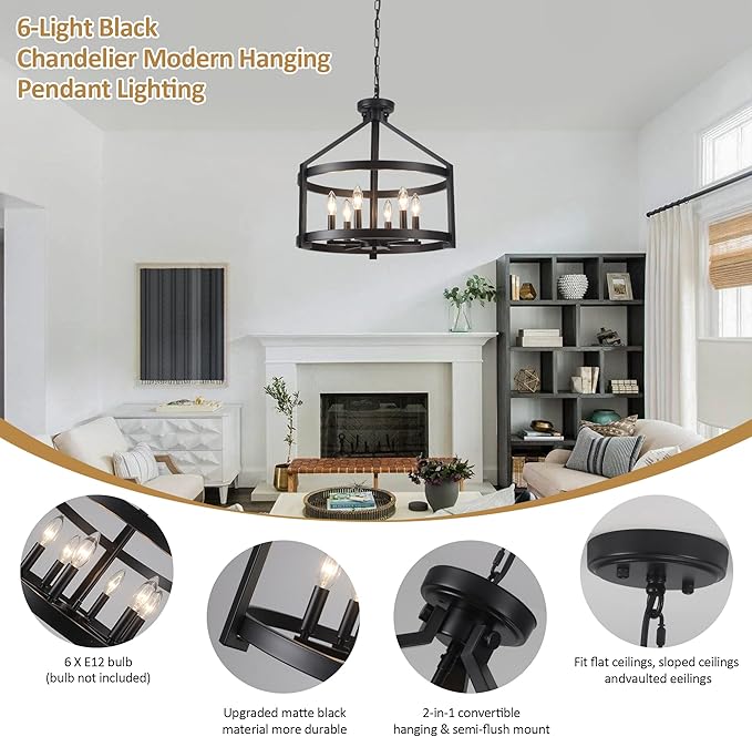6-Light Large Farmhouse Black Chandelier, 20" Modern Hanging Pendant Lighting, Convertible Semi Flush Mount Ceiling Light Fixture Rustic Vintage Chandeliers for Dining Room Foyer Kitchen Entryway
