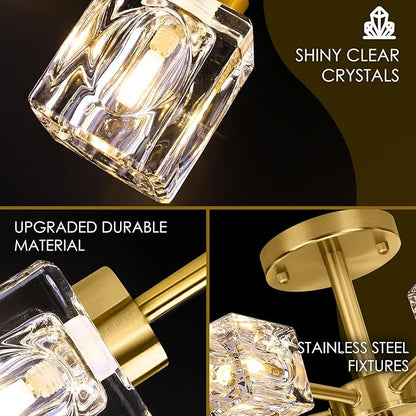 Modern Crystal Chandelier, 6-Light Gold Flush Mount Ceiling Light, 17.3" Sputnik Chandelier Light Fixture with K9 Crystal Shade, Industrial Pendant Light for Dining Room, Kitchen, Bedroom, Living Room