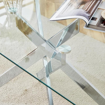 51inch Modern Glass Dining Table for 4, Kitchen Dining Room Table for 4, 0.32" Rectangular Tempered Glass Tabletop and Silver Metal Legs,Rectangle Dinner Tables for Kitchen, Dining Room