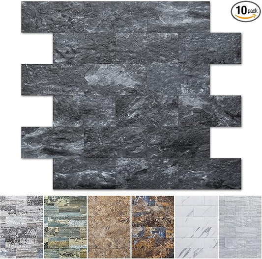 Art3d 10-Sheet Peel and Stick Backsplash PVC Wall Tile, Stickon Tile for Kitchen Backplash, Bathroom Vanities, Fireplace Decor, Laundry Table, Stair Decals in Dark Granite, Plastic-Sheets