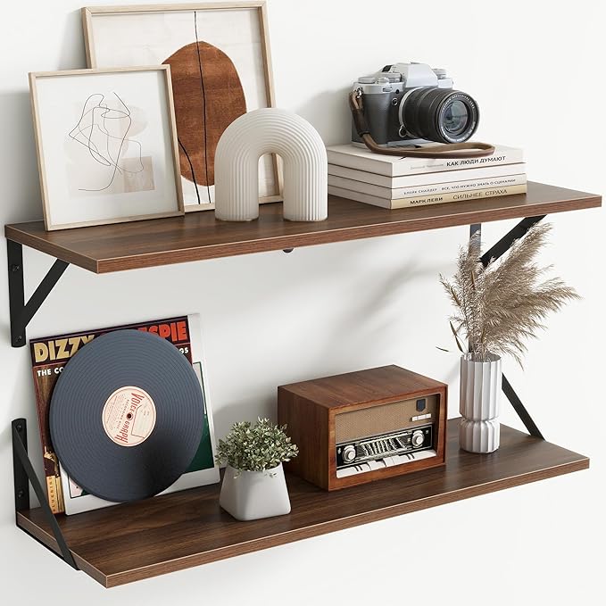 Acovy Floating Shelves with Black Metal Brackets Set of 2,30" Wx8 D Wall Mounted Shelves Floating Bookshelf,Hanging Storage Shelf for Living Room,Bedroom,Bathroom,Office,Walnut