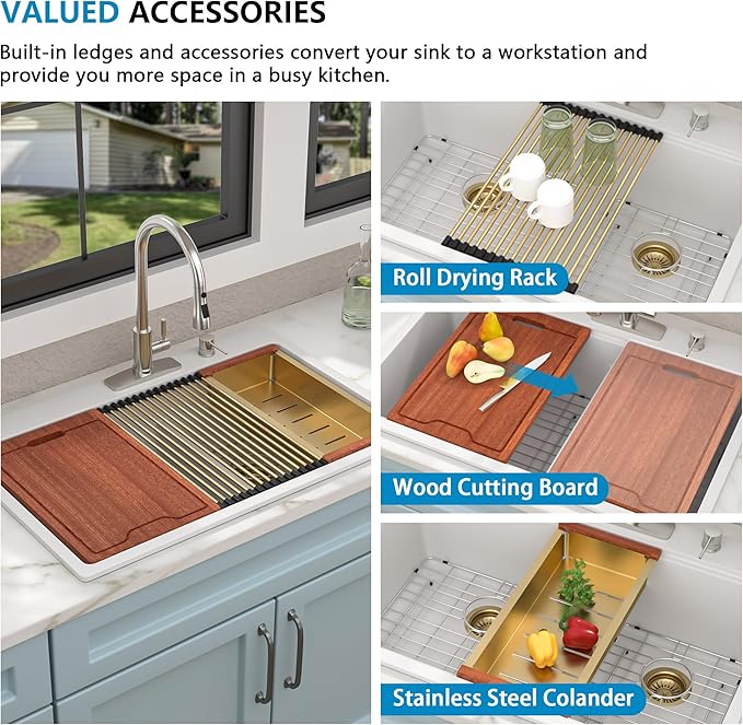 33 Granite Composite Kitchen Sink Double Bowl - Fulorni 33"x22" Granite Kitchen Sink White Ledge Workstation Drop in Topmount Double Bowl 60/40 Luxury Quartz Classic Above Counter Basin