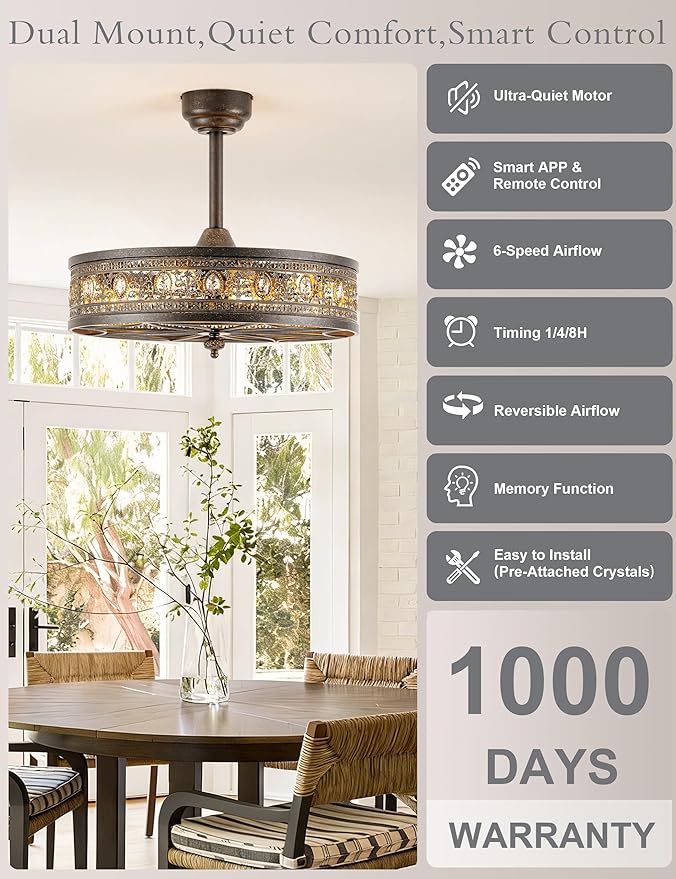 24 Inch Bronze Chandelier Ceiling Fan with Light,24" Antique Vintage Caged Bladeless Enclosed Fandelier,Victorian Classic Crystal Light Fixture,Hanging/Flush Mount for Bedroom,Dining Room,Living Room