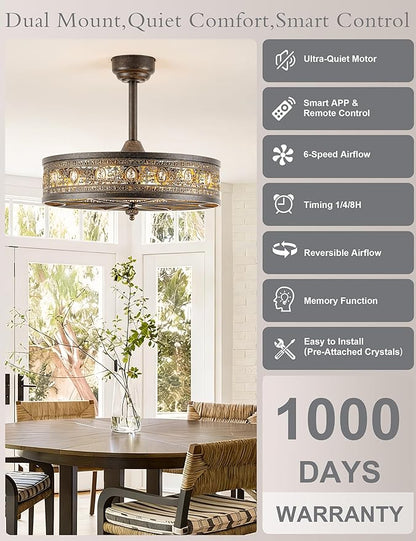 24 Inch Bronze Chandelier Ceiling Fan with Light,24" Antique Vintage Caged Bladeless Enclosed Fandelier,Victorian Classic Crystal Light Fixture,Hanging/Flush Mount for Bedroom,Dining Room,Living Room
