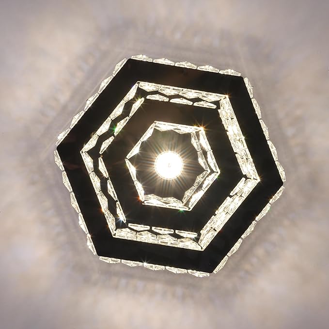 CXGLEAMING Modern Crystal Chandelier LED Flush Mount Ceiling Light Hexagonal Pendant Lamp Fixture 3 Color Changing Ceiling Light for Bedroom Hallway Bar Living Room Bathroom